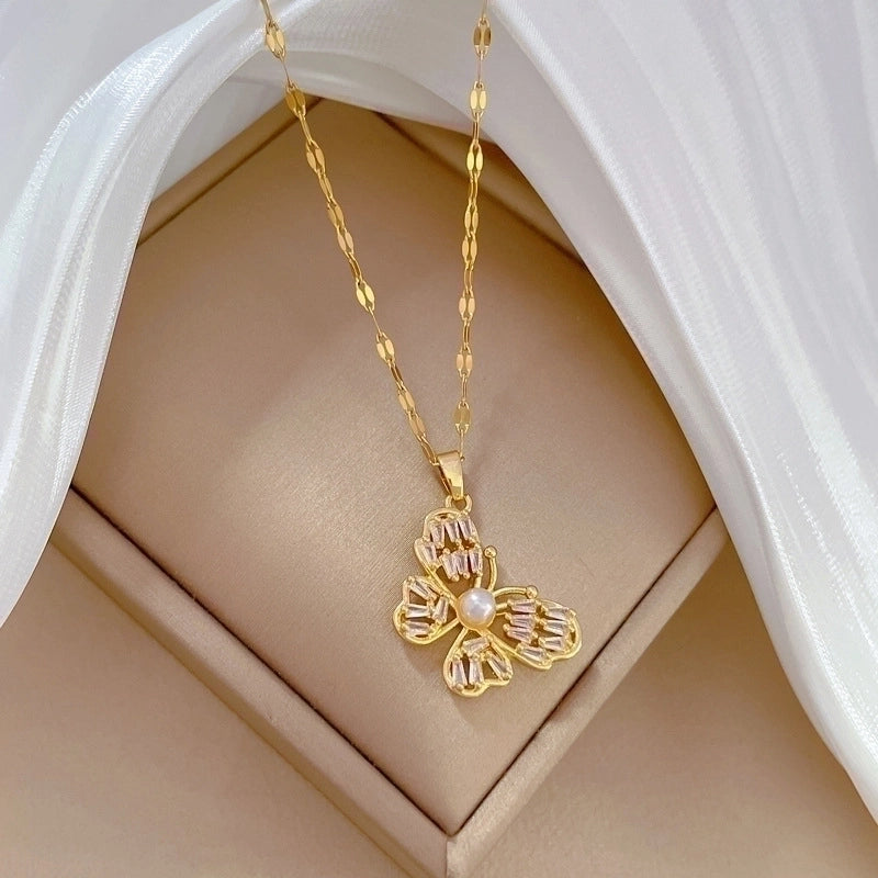 Minimalist Butterfly Titanium Steel Copper Plating Inlay Zircon Pendant Necklace
