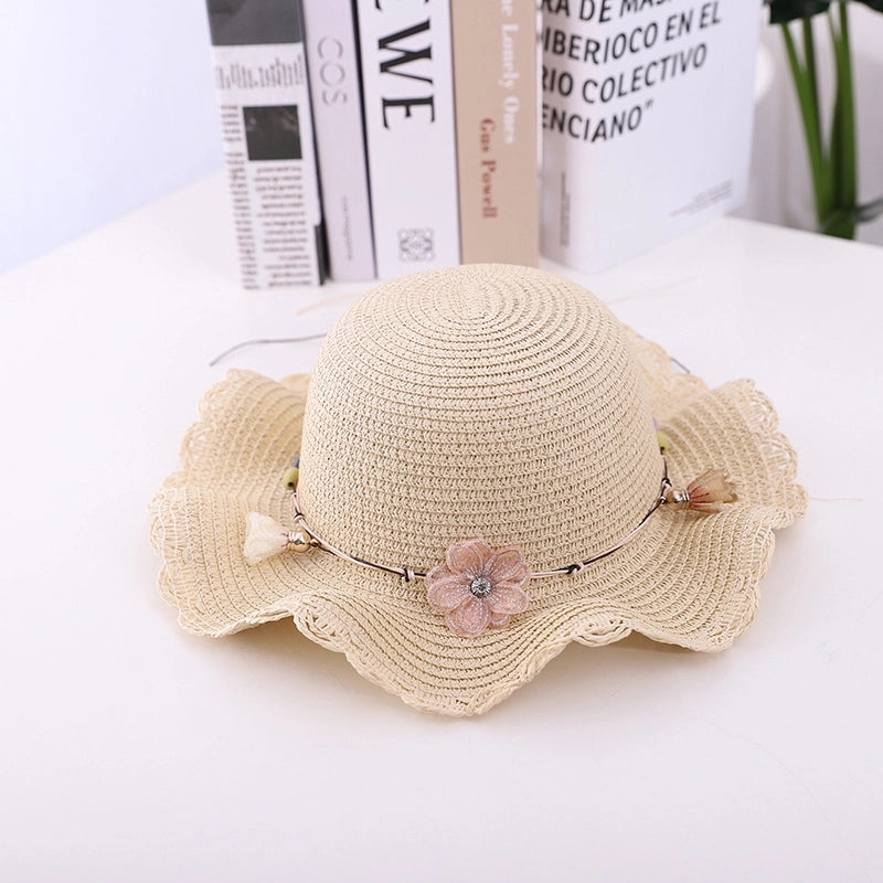 Fashion Flower Decoration Solid Color Children's Summer Beach Hat Sun Hat Straw Hat
