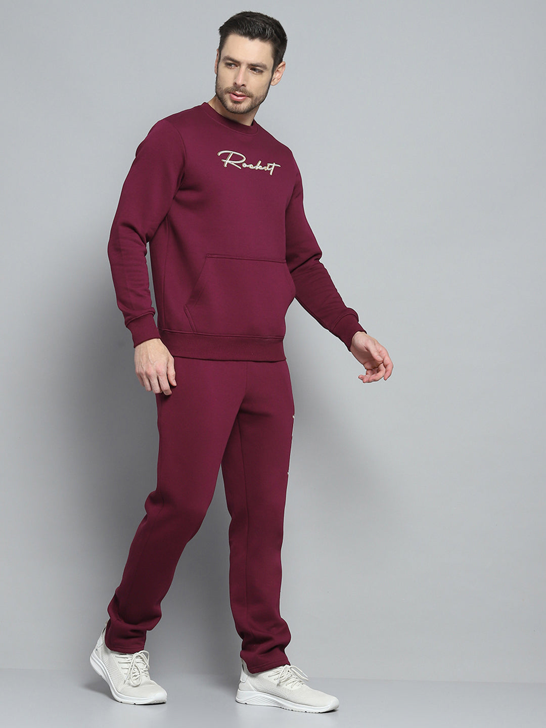 Men Maroon Printed Round Neck Full Sleeve Winter Tracksuit