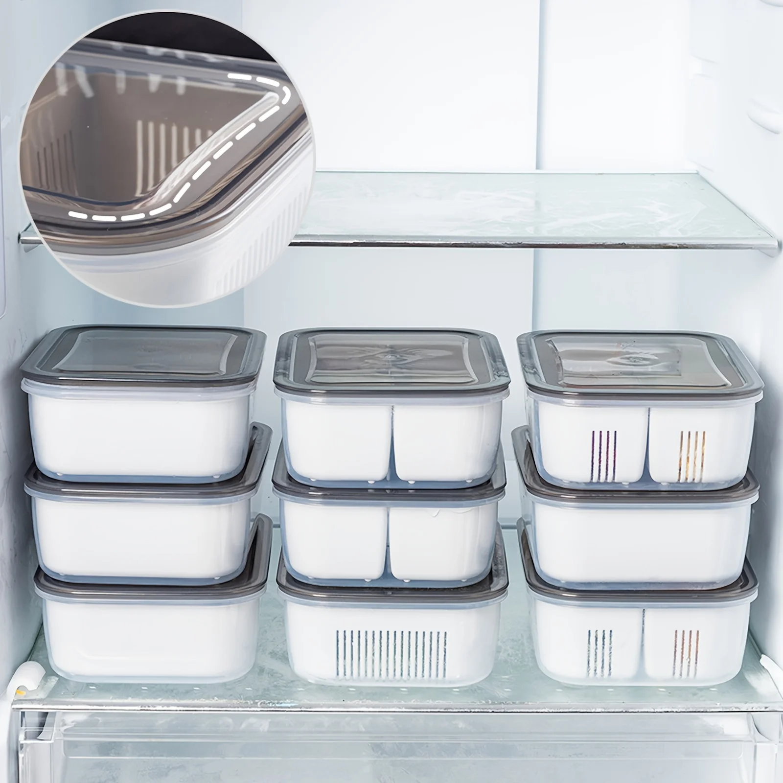 FRIDGE ORGANIZER. DIVIDED VEGETABLE & MEAT BOX. FOOD-GRADE. MICROWAVEABLE.