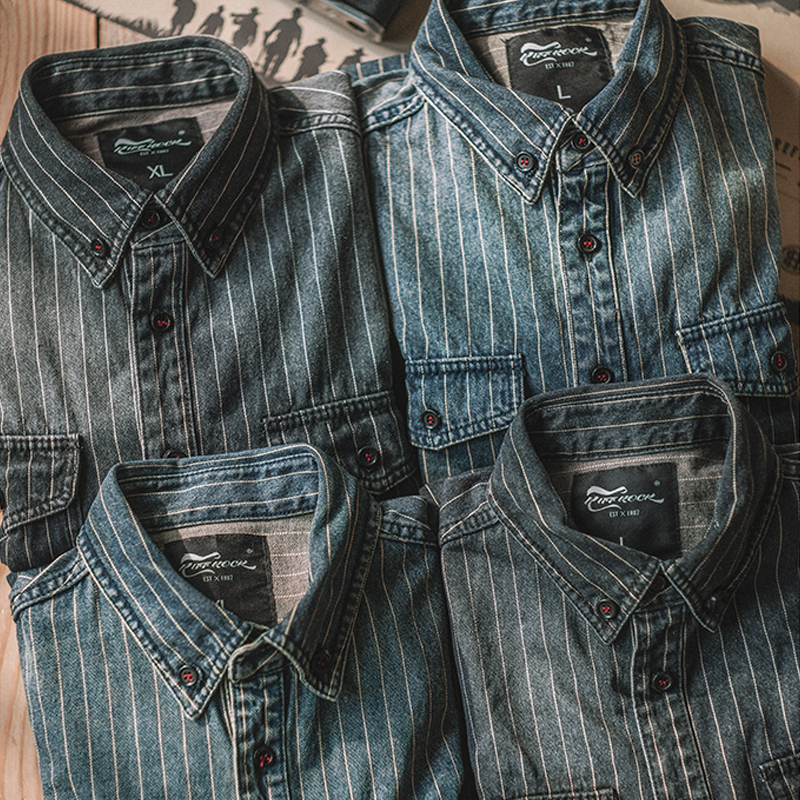 Retro Heavy Vertical Striped Denim Casual Shirt