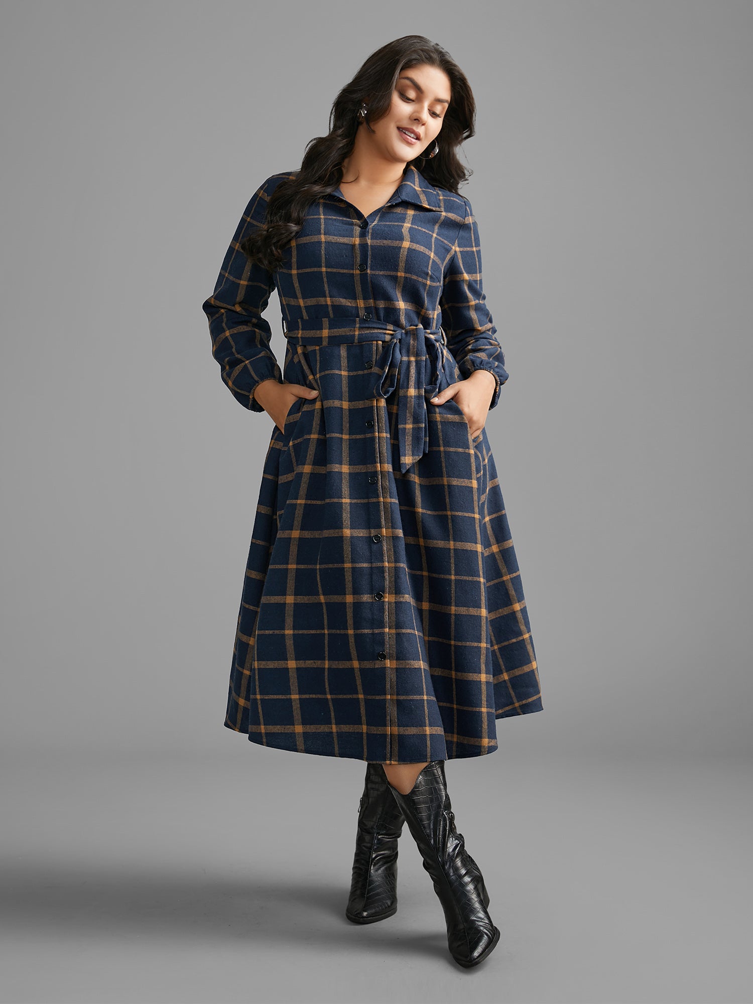 Plaid Button Through Belted Dress