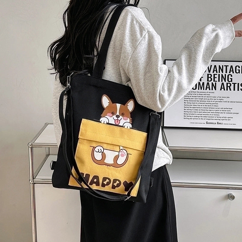 Women's Medium Canvas Animal Letter Basic Square Zipper Canvas Bag