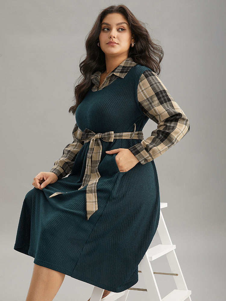 Plaid Patchwork Rib Knit Shirt Collar Belted Dress
