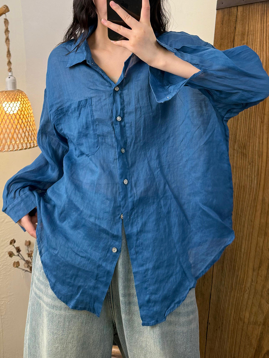 Women Summer Artsy Pure Color Ramie Turn-down Collar Shirt