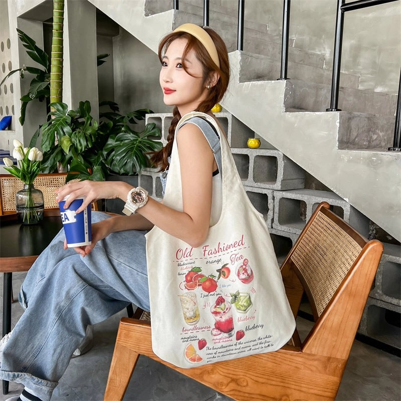Women's Large Canvas Cartoon Fruit Cute Streetwear Square Open Canvas Bag