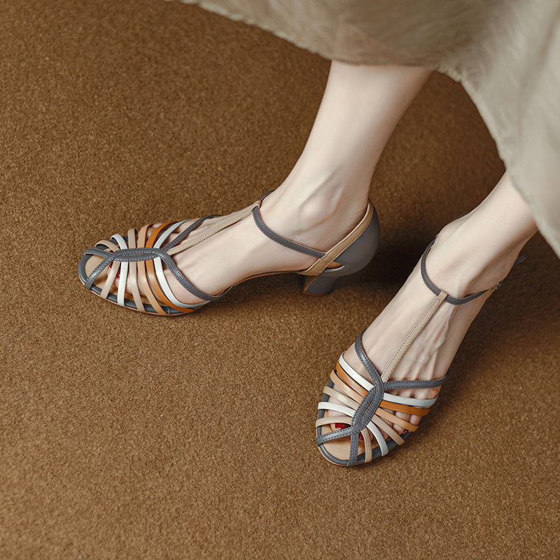 Vintage Roman T-Strap Fisherman Sandals Elegant Cowhide Closed-Toe Summer Shoes in Two Heel Heights