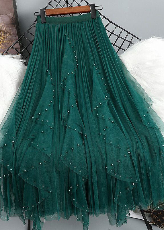 Bohemian Green Nail Bead Patchwork Elastic Waist Tulle Maxi Skirt