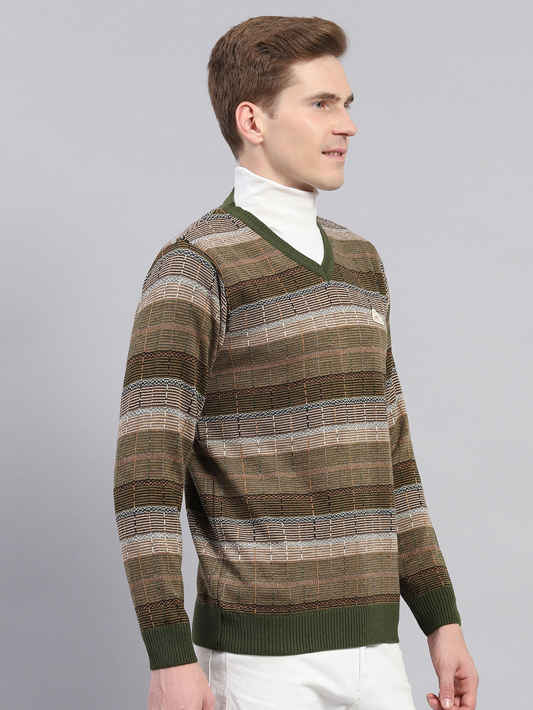 Men Green & Brown Stripe V Neck Full Sleeve Pullover