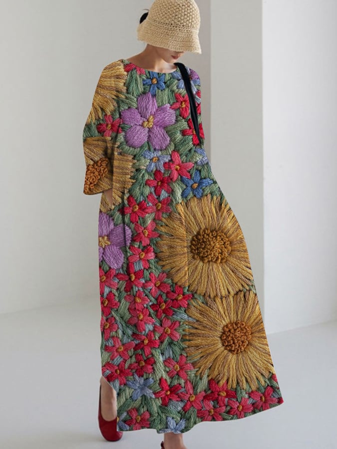 Women's Vintage Embroidered Floral Print Casual Loose Dress