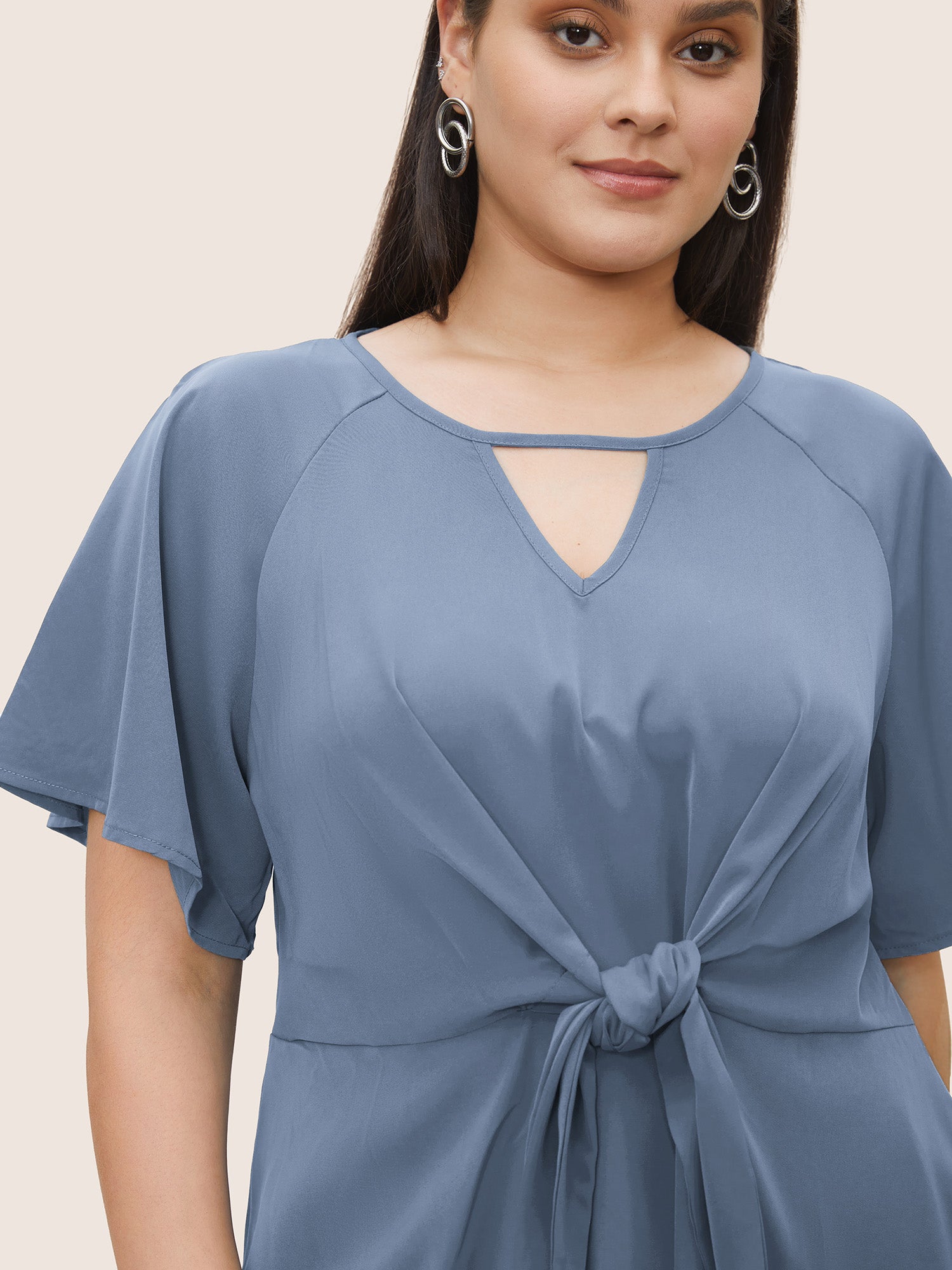 Plain Keyhole Knotted Front Ruffle Sleeve Blouse