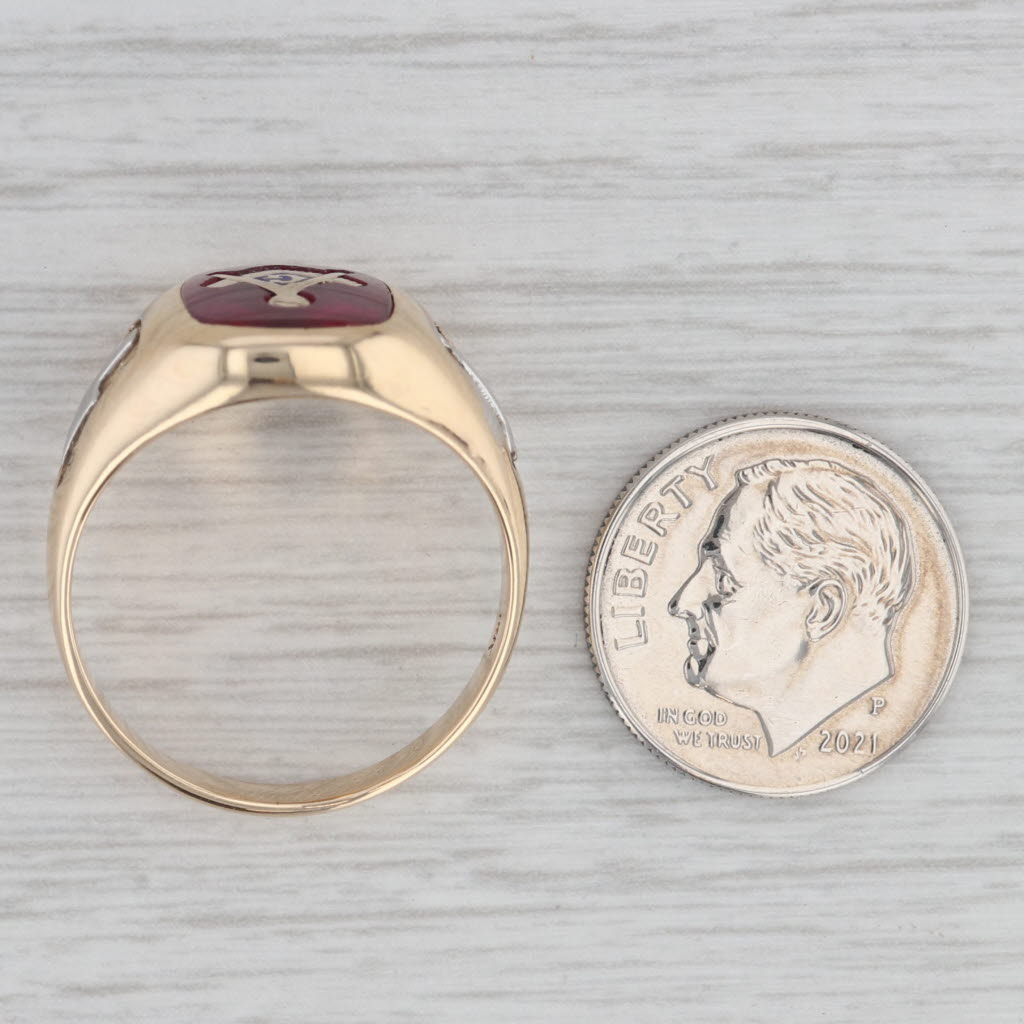 Masonic Blue Lodge Signet Ring 10k Gold Square Compass Lab Created Ruby Size 10