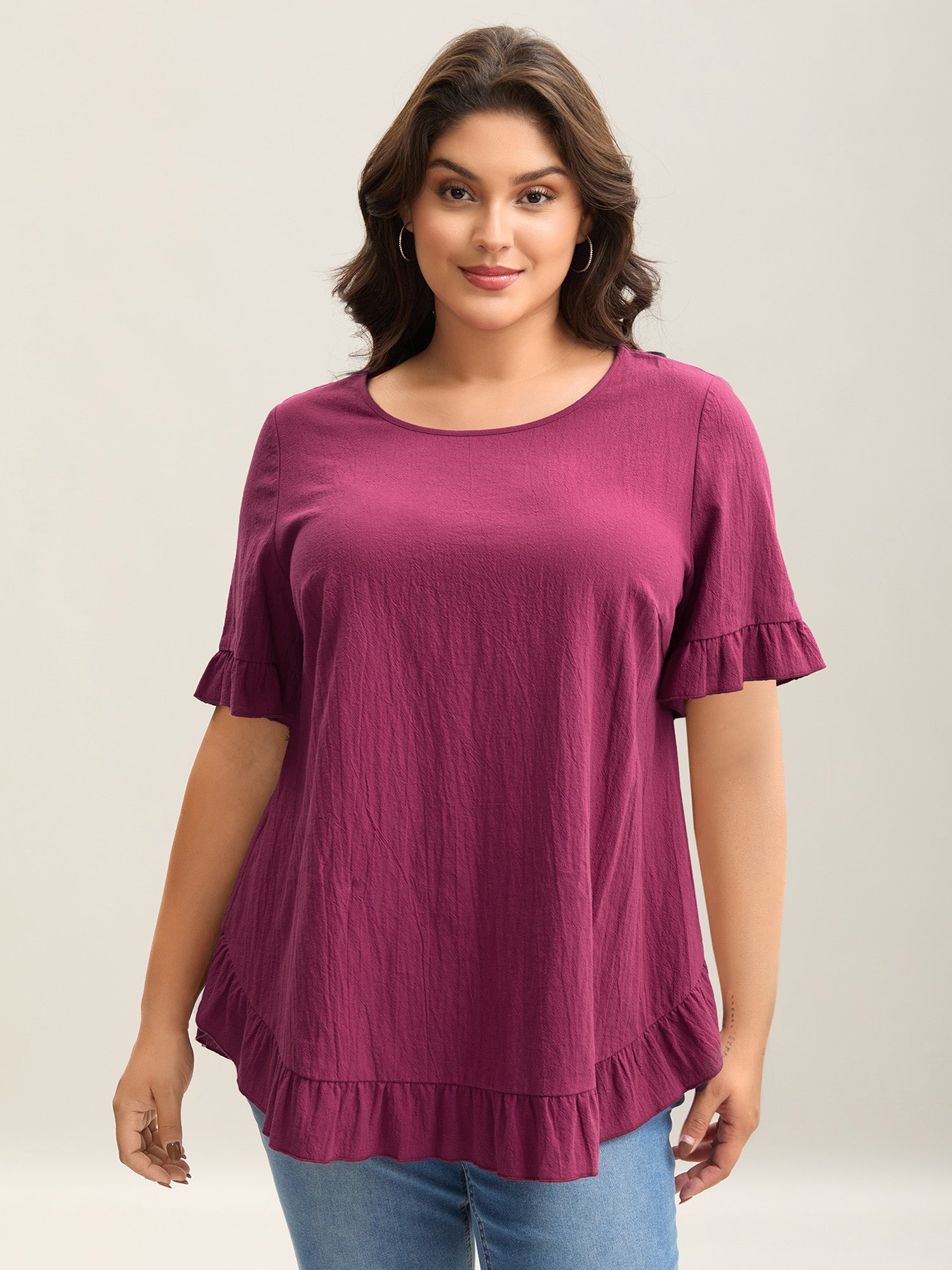 Pure Cotton Ruffled Curved Hem Blouse