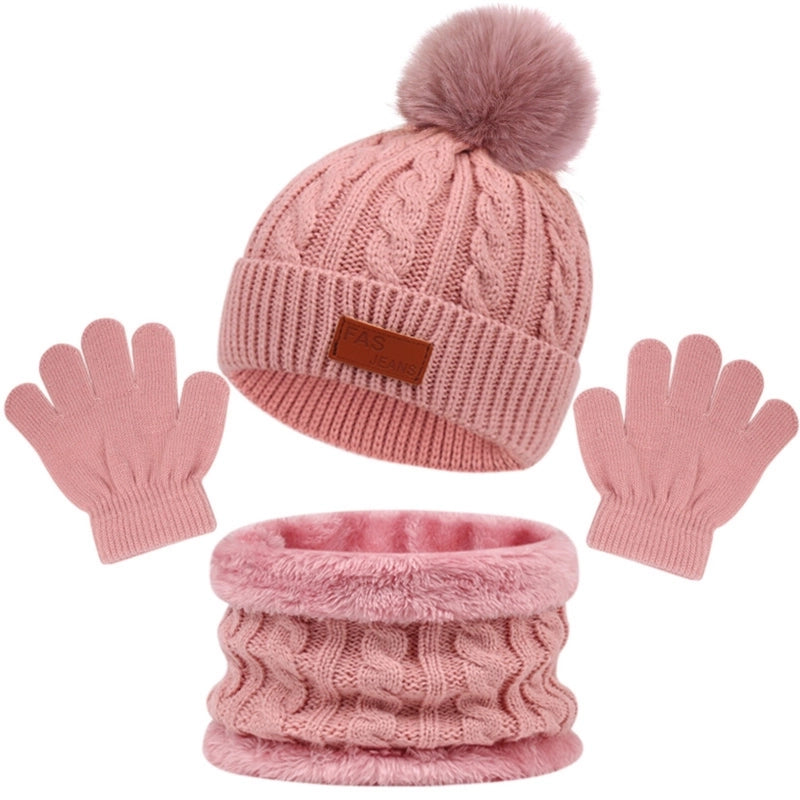 Autumn And Winter Children's Warm Knitted Hat Scarf Gloves Three-piece Set Baby Outdoor Cold-proof Wool Hat Three Pieces
