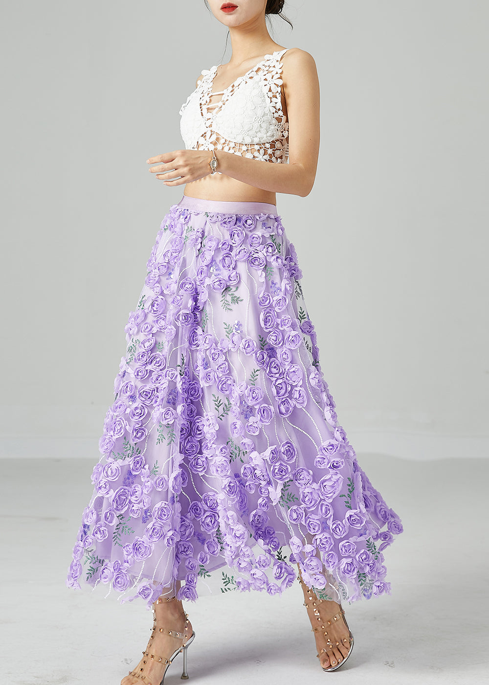 Beautiful Light Purple Embroidered Floral Tulle Skirts Summer