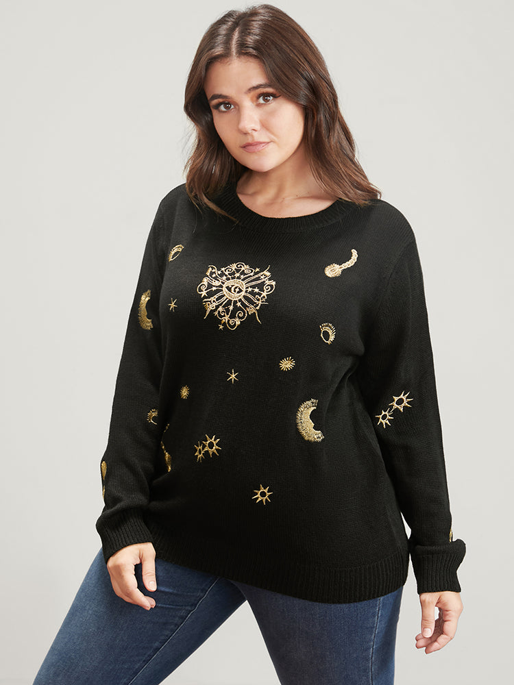 Halloween Moon And Star Pointelle Knit Embroidered Knit Top