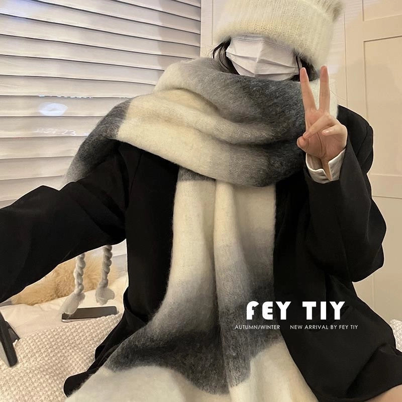 Plaid Scarf Women's Winter High-grade Gradient Mohair Thickened Warm Scarf New Cashmere-like Shawl