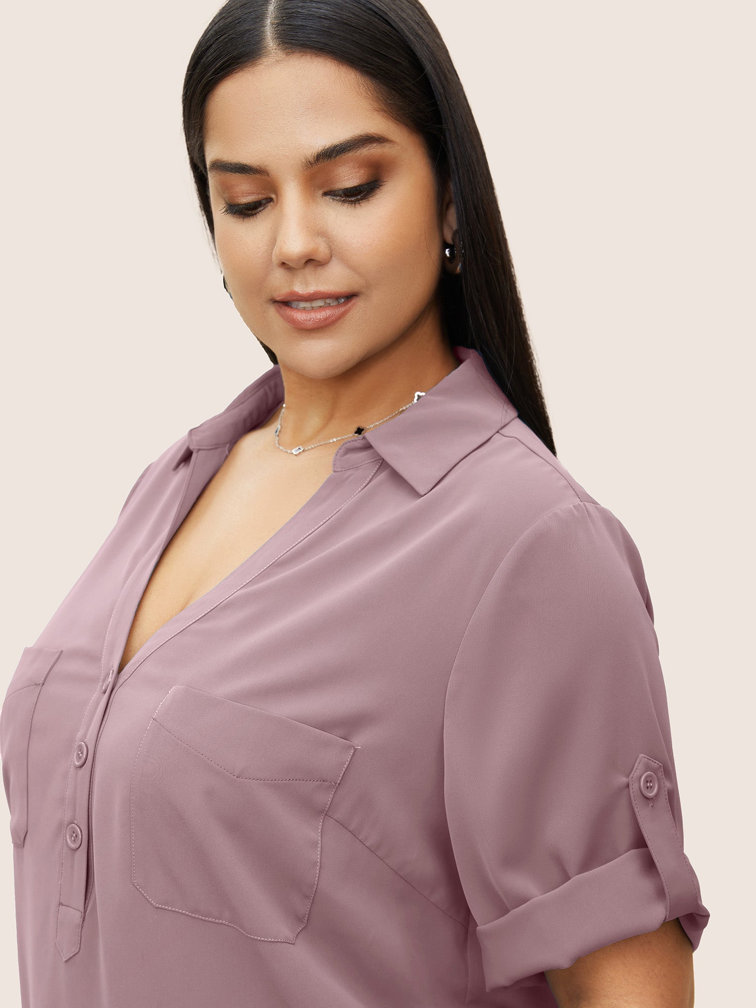 Anti-Wrinkle Shirt Collar Patched Pocket Tab Sleeve Blouse