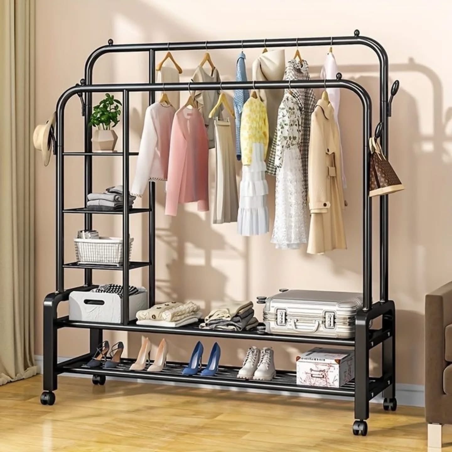CLOTHES RACK DUAL POLE MOVABLE WARDROBE STAND WITH SHELVES & COAT STORAGE