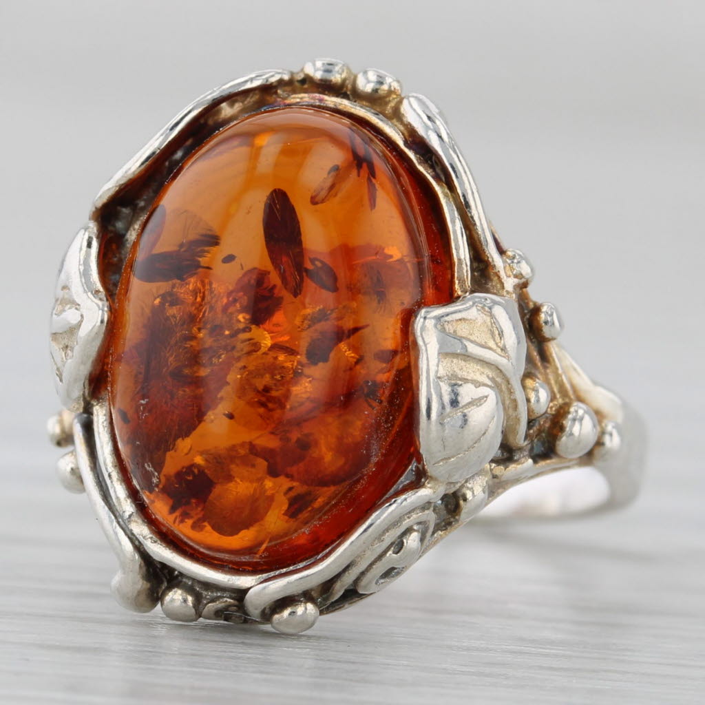 Amber Oval Cabochon Ring Sterling Silver Floral Size 4.75