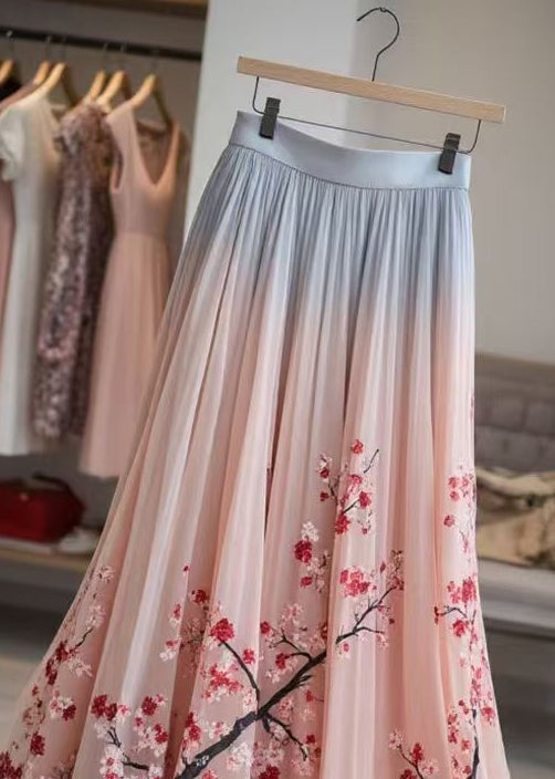 Elegant Pink Print Elastic Waist Chiffon Pleated Skirt Summer