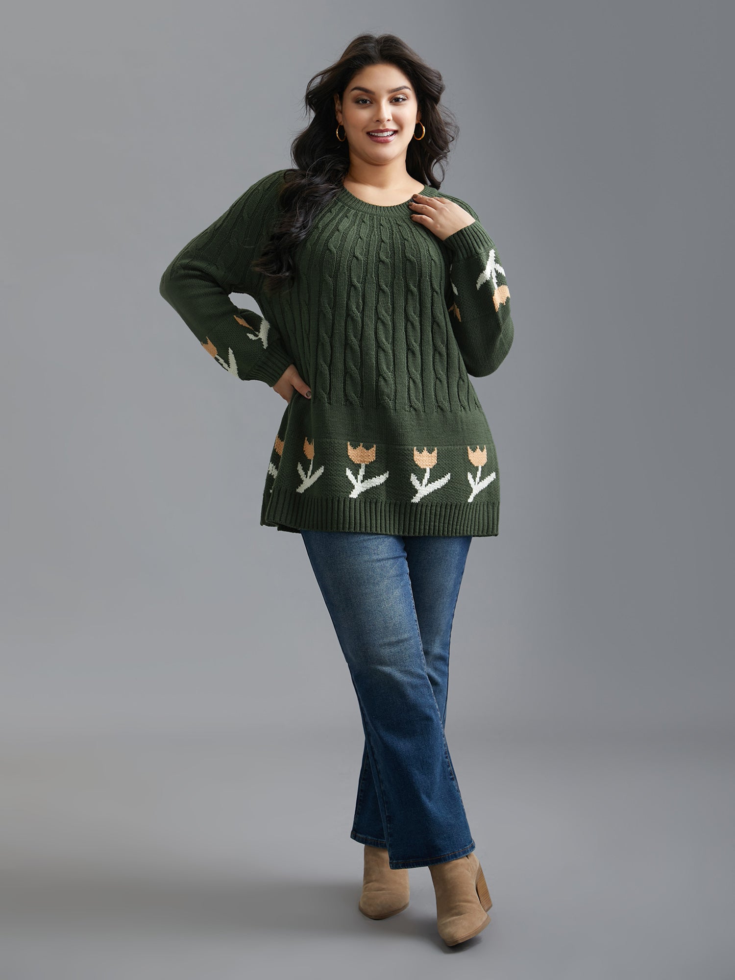 Cable Knit Floral Ribbed Hem Pullover