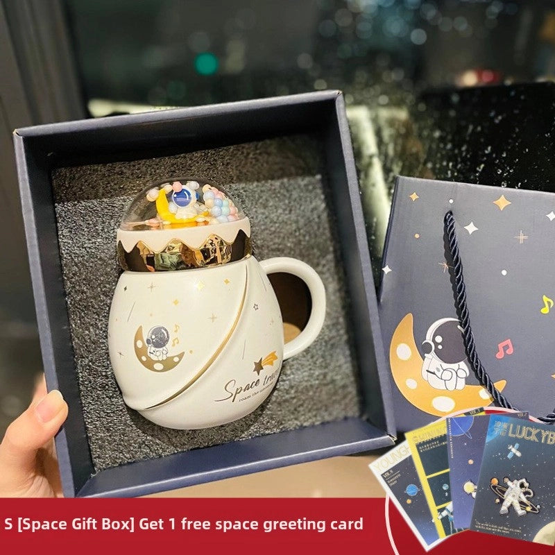 2 Pieces Astronaut Series Space Mug With Lid And Spoon Ceramic Couple Water Cup Girl Gift Set Boyfriend Gift