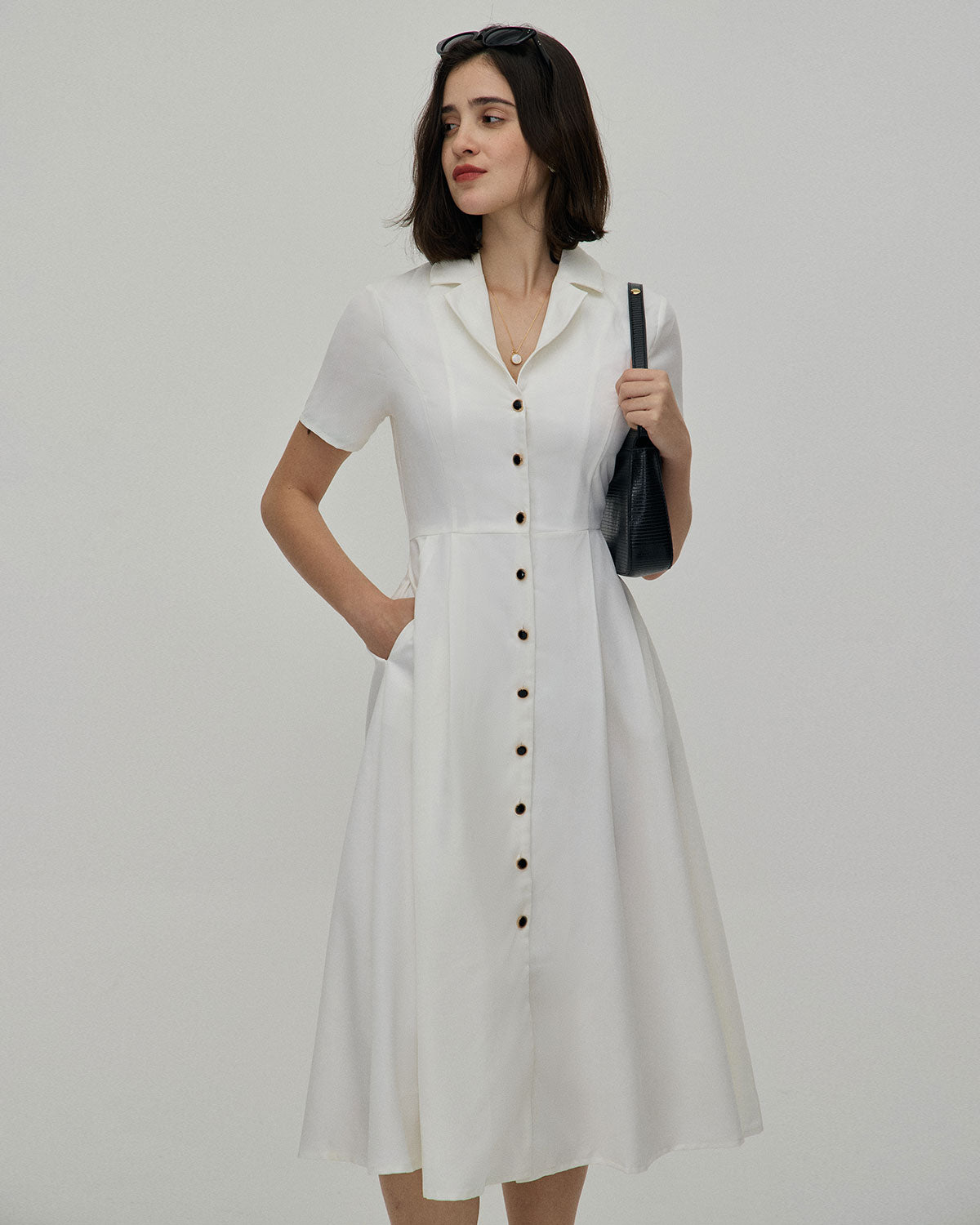 The White Lapel Short Sleeve Button-up Midi Dress