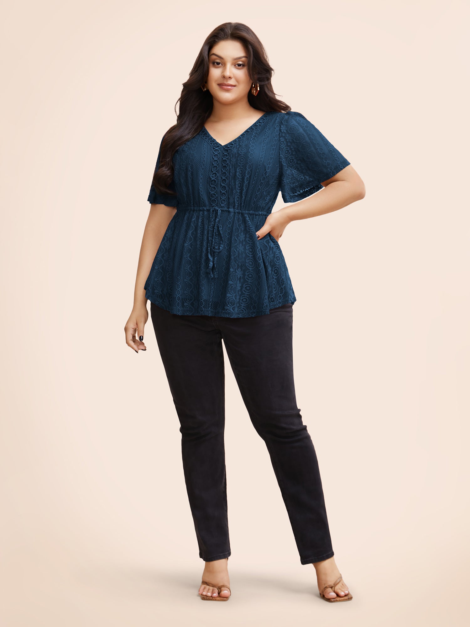 V Neck Lace Panel Drawstring Blouse