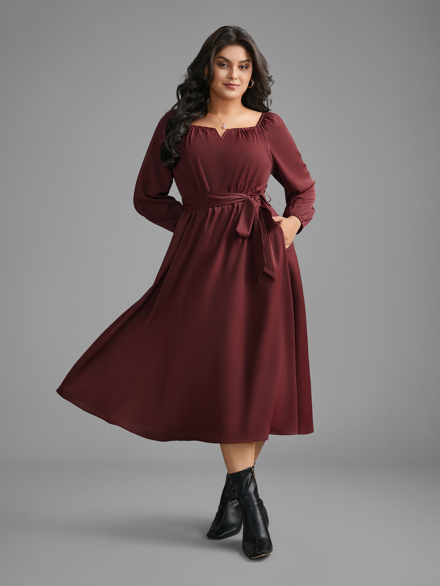 Square Neck Gathered Belted Midi Dress