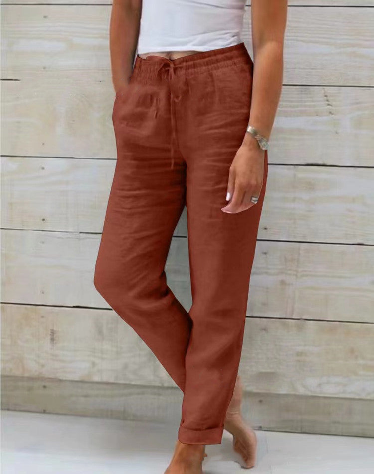 Women's high waist elastic waist solid color cotton and linen casual pants