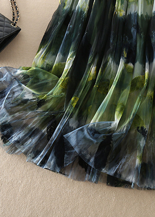 Women Green high waist Print Tulle Skirt Spring