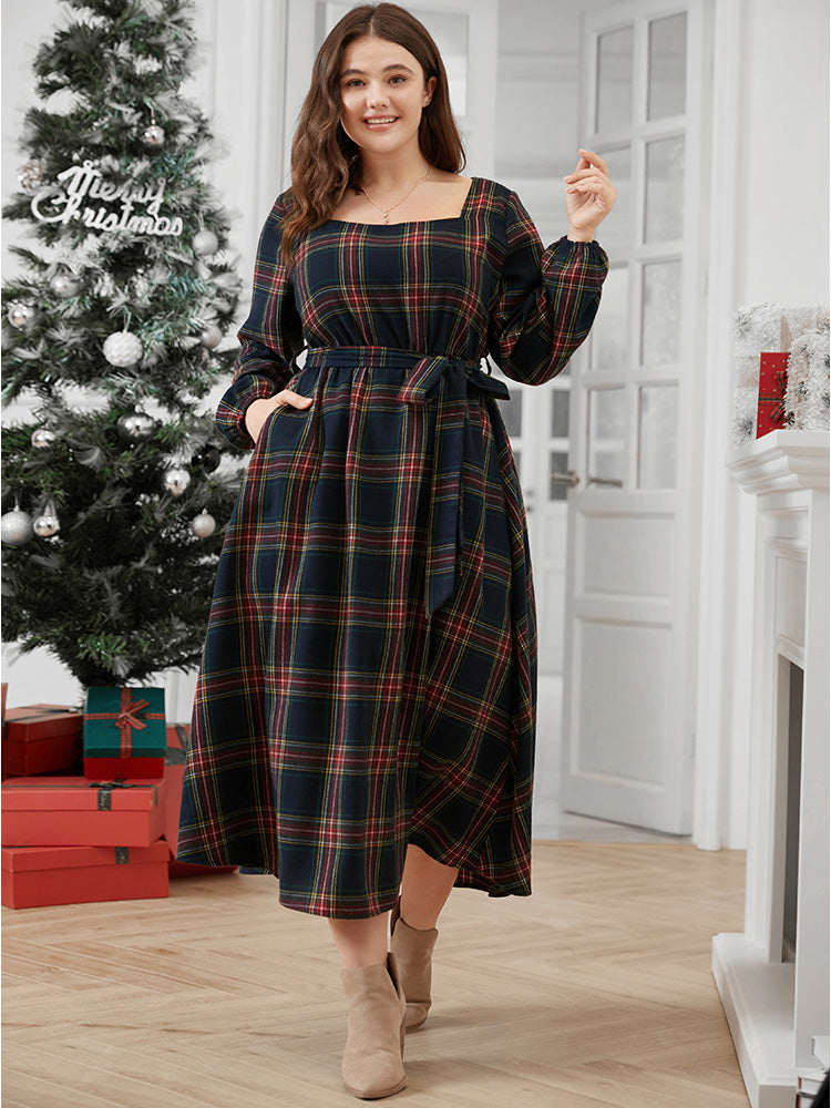 Plaid Lantern Sleeve Pocket Belted Square Neck Dress