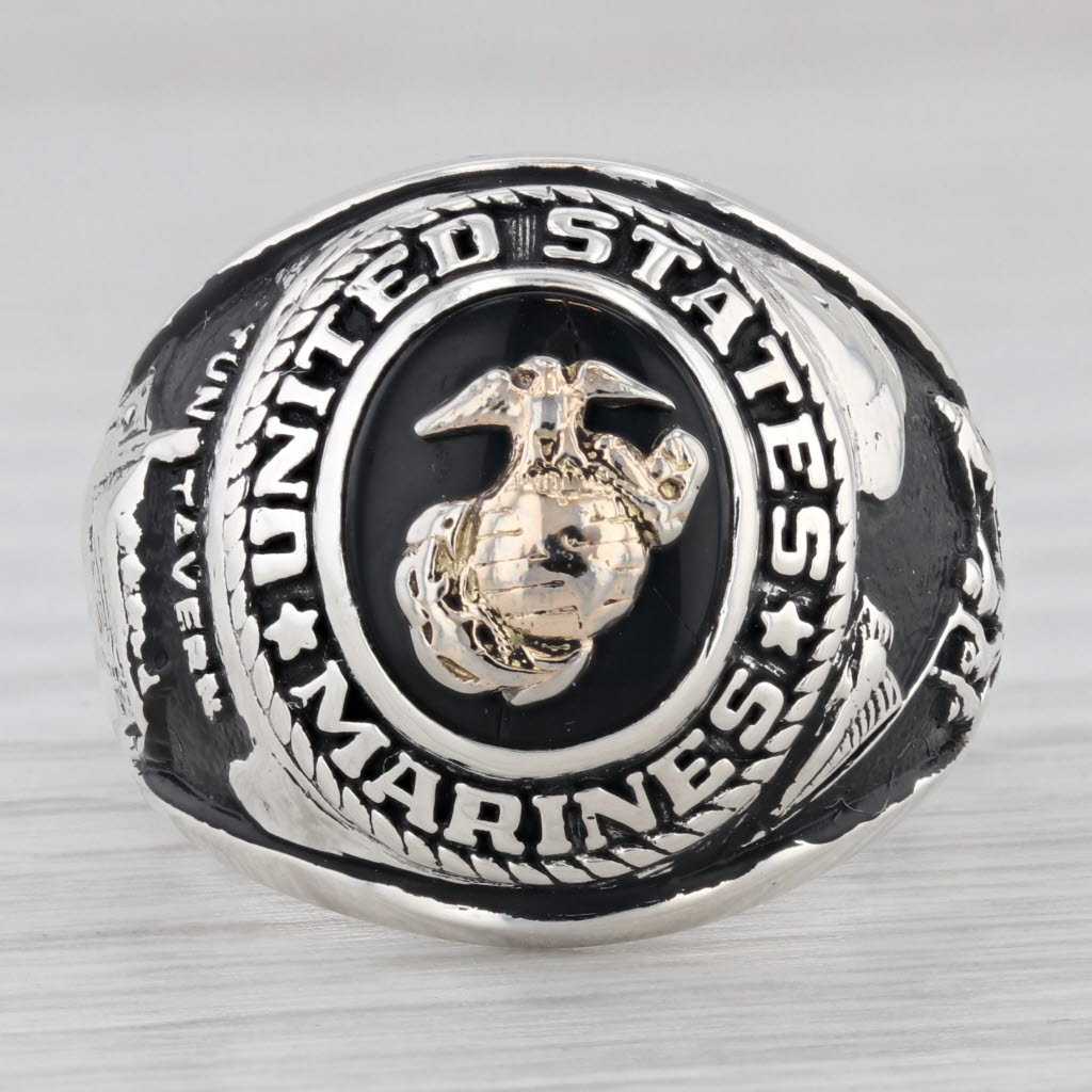 United States Marine Corps Onyx Signet Ring Sterling Silver Size 9 AS IS