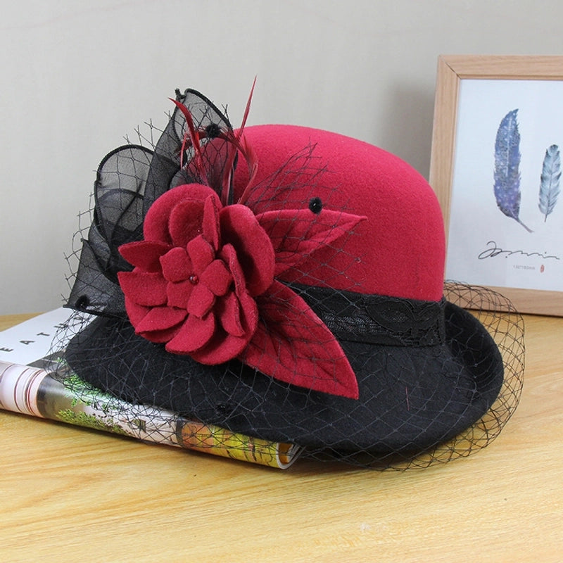 Wool Hat Women's Autumn And Winter  Vintage Basin Hat Hepburn Mesh Flower Curled Top Hat