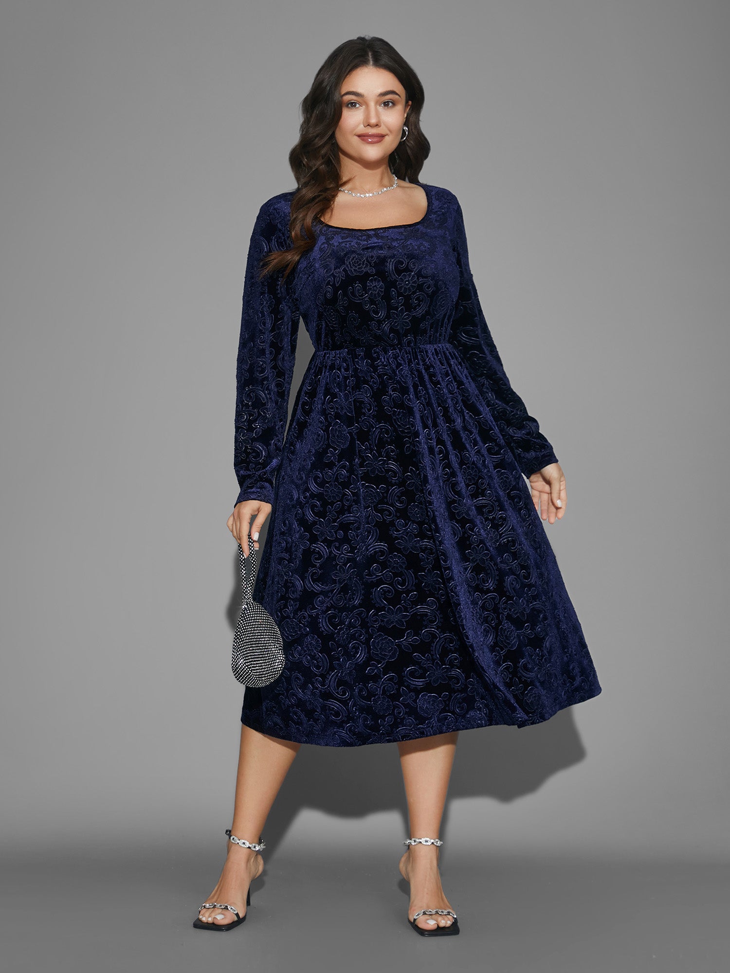 Square Neck Floral Velvet Midi Dress