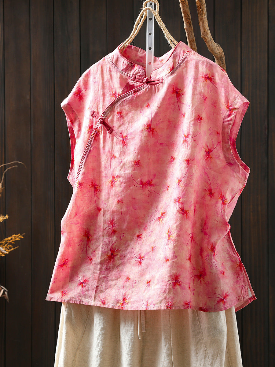Women Summer Floral 100%Ramie Stand Collar Shirt
