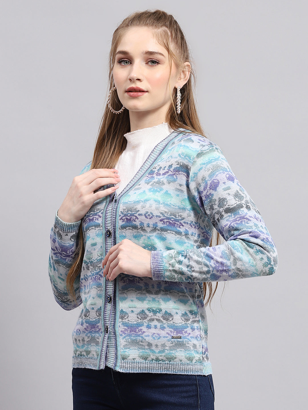 Women Blue Self Design V Neck Full Sleeve Cardigan