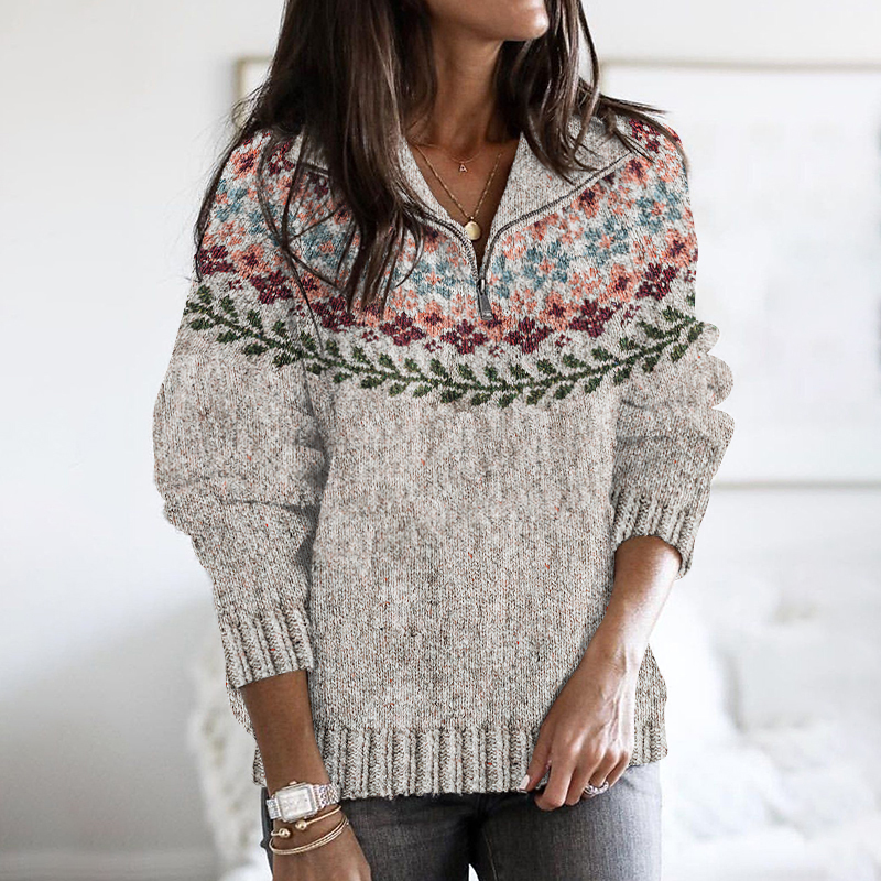 Retro Floral Knitted Button Down Ziper Cozy Sweater