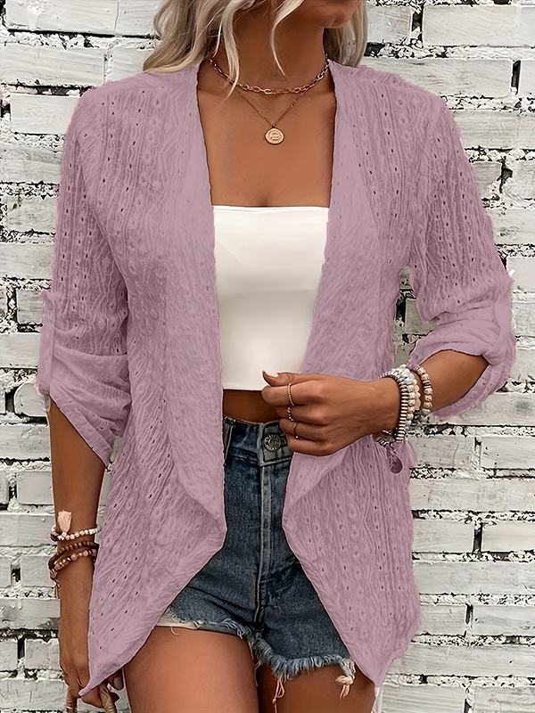 Long Sleeves Loose Buttoned Hollow Jacquard Solid Color Collarless Outerwear