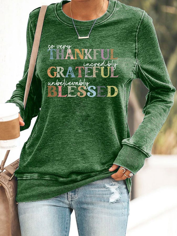 Women's Grateful Thankful Blessed Print Crew Neck Sweatshirt