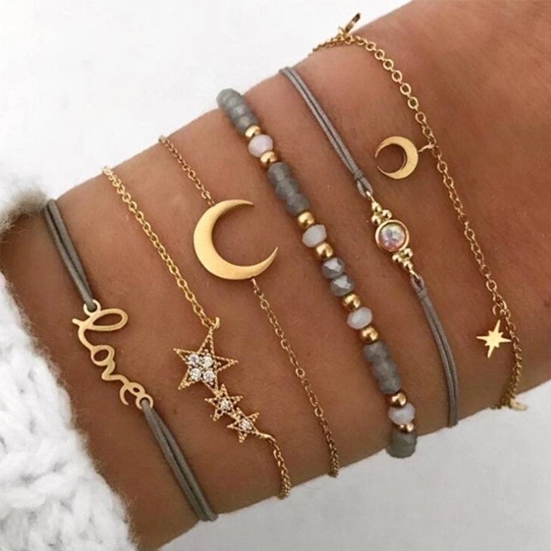 Casual Retro Minimalist Letter Rainbow Moon Stainless Steel Alloy Beaded Drawstring Inlay Artificial Diamond Gold Plated Silver Plated Bracelets