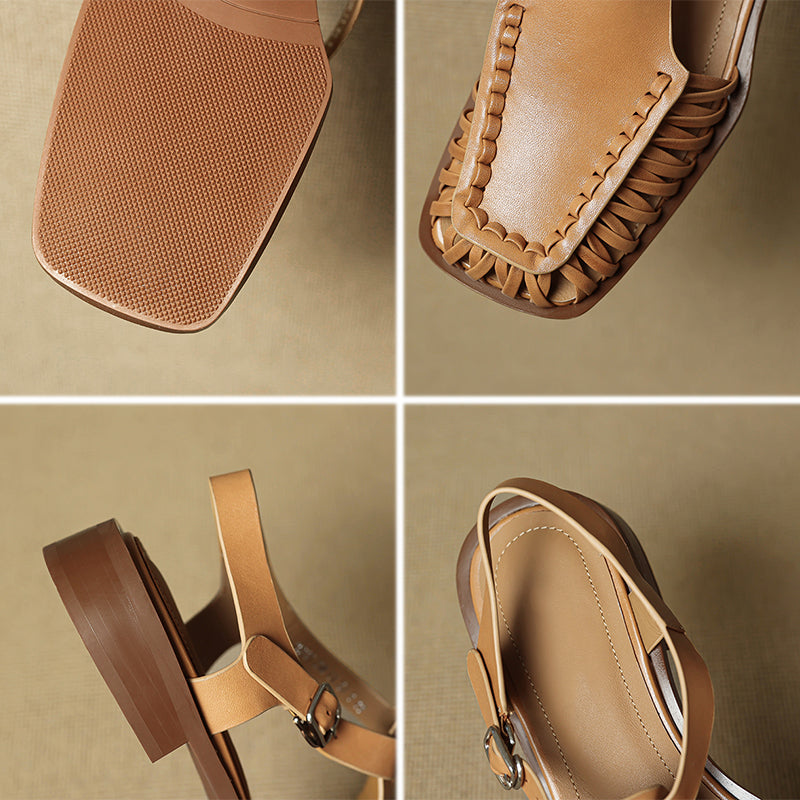 Designer Genuine Leather Fisherman Slingback Sandals T-Strap Woven Gladiator Shoes in Caramel/Beige/Black