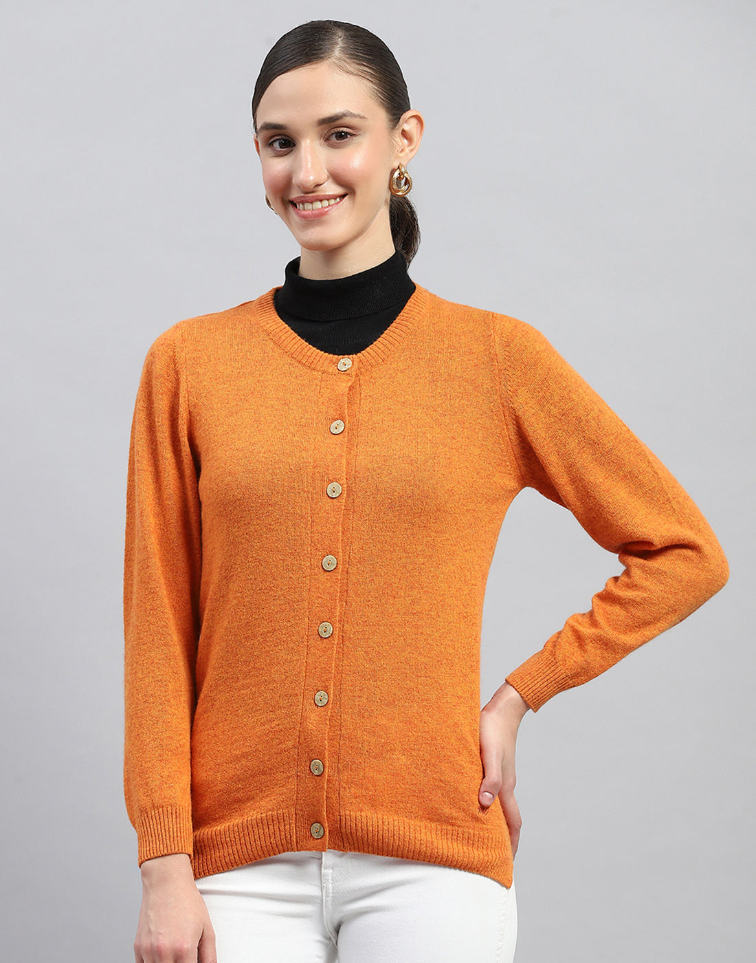 Women Orange Solid Round Neck Full Sleeve Cardigan