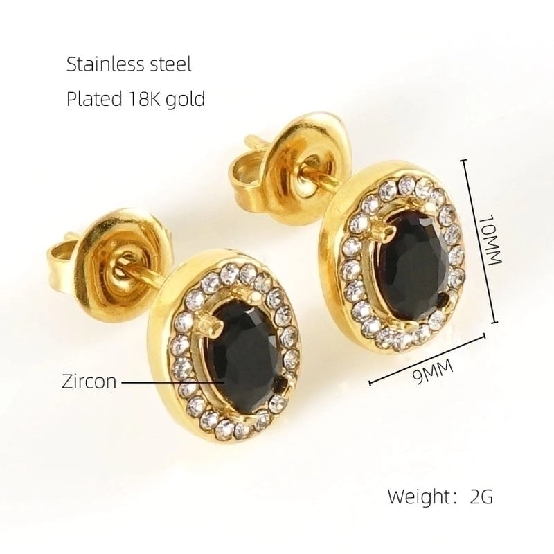 1 Pair Shiny Oval Inlay Stainless Steel Zircon 18K Gold Plated Ear Studs