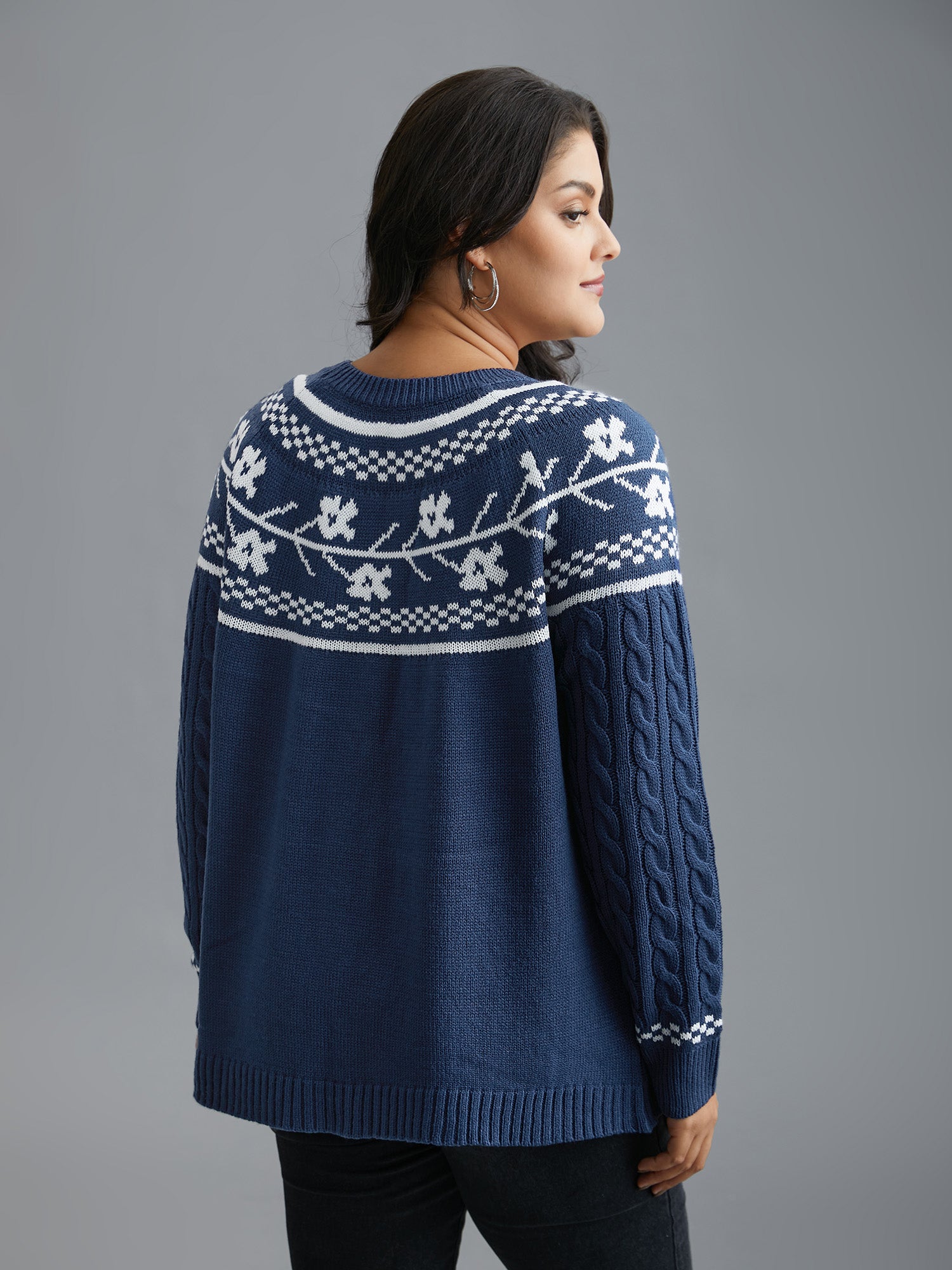 Floral Cable Knit Raglan Sleeve Pullover