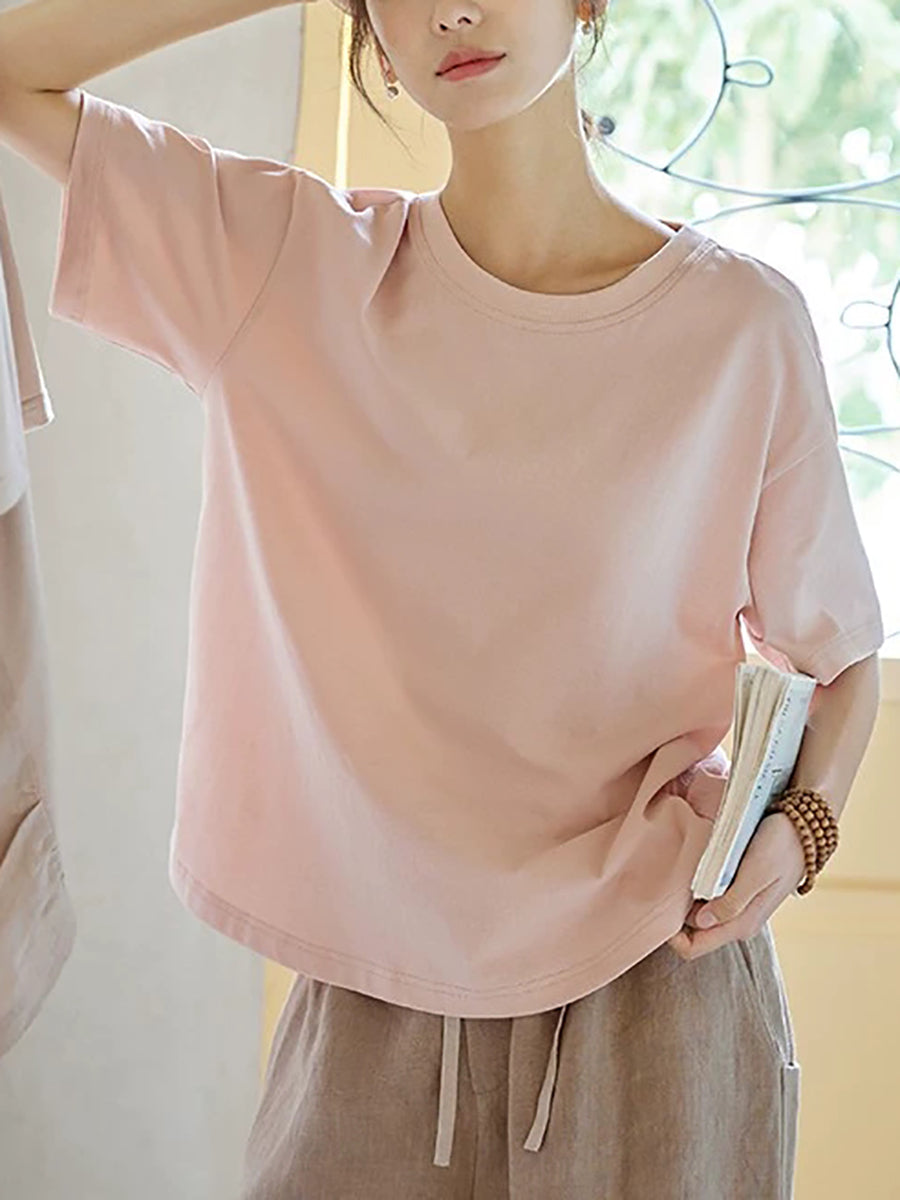 Women Summer Pure Color Cotton Linen Spliced Shirt