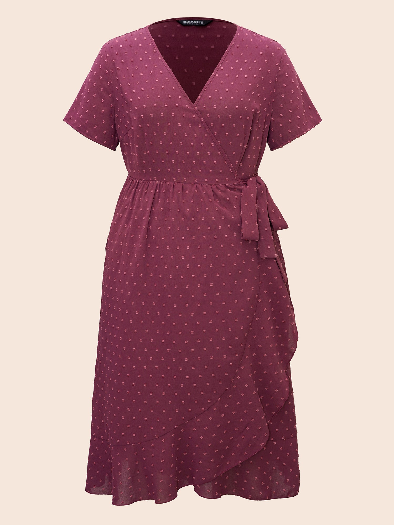 Plain Overlap Collar Ruffle Trim Tie Knot Dress