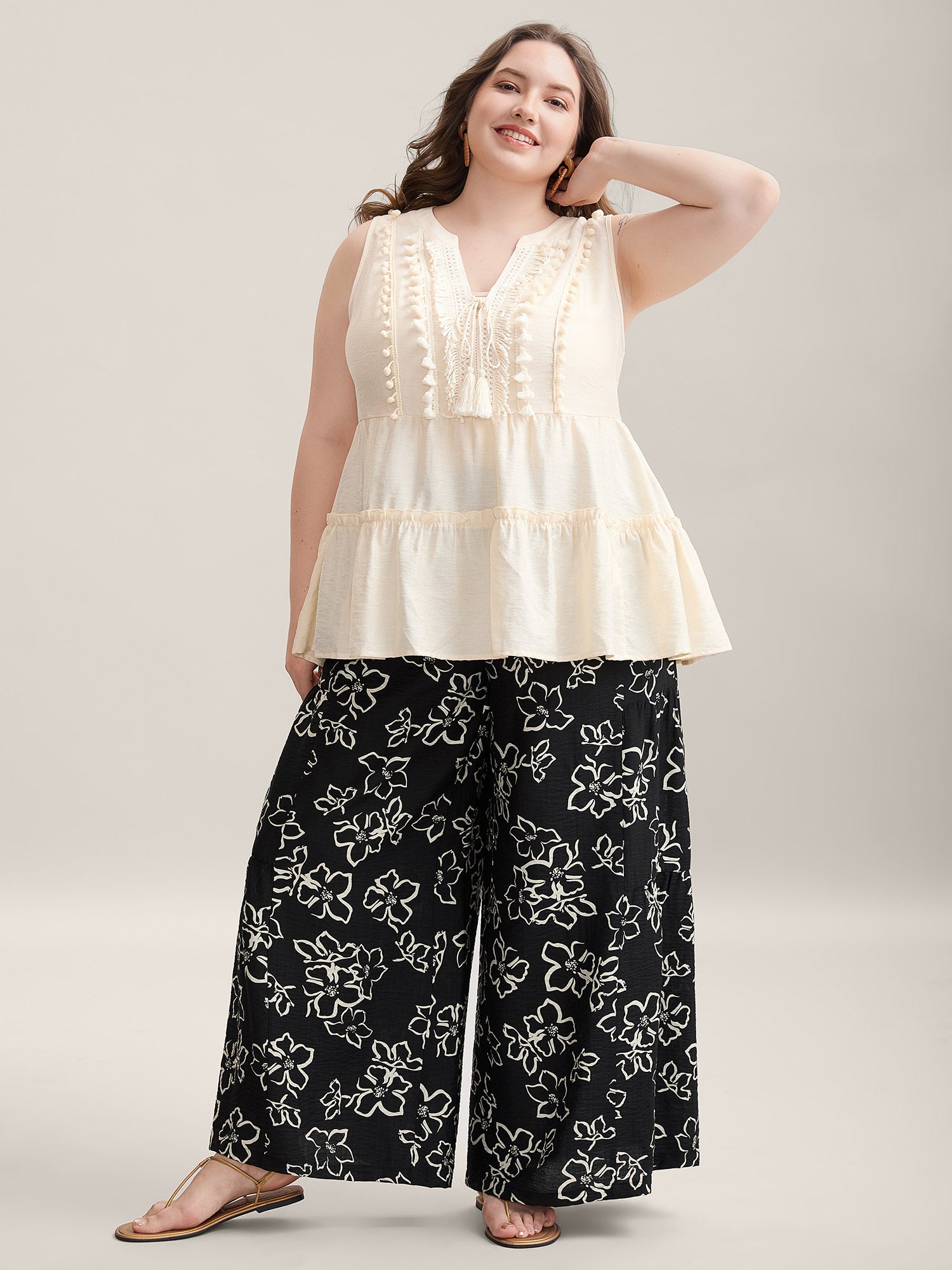 Floral Shirred Waist Wide-Leg Pants