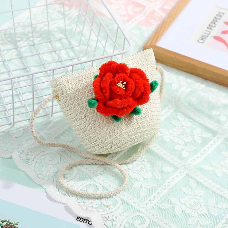 Women's Small Straw Solid Color Flower Vacation Beach Weave Round Zipper Straw Bag